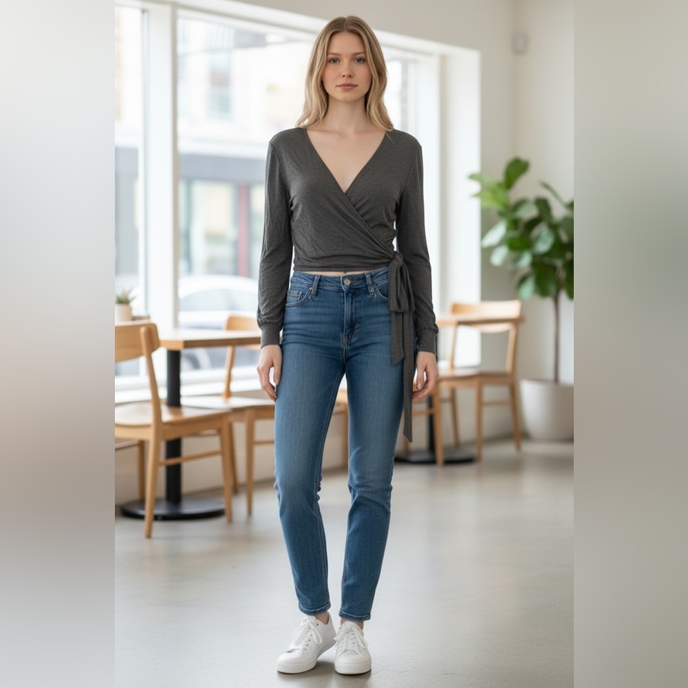 Final Touch V Neck Gray Wrap Crop Top with Side Tie Size L